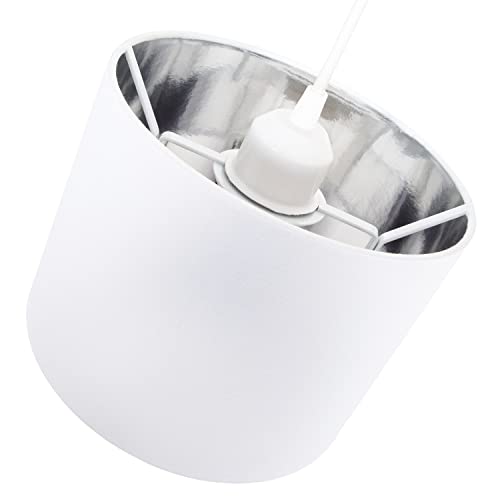 Modern and Stylish White Cotton Fabric Small 8" Drum Lamp Shade with Shiny Silver Inner - 40watt Maximum by Happy Homewares - Image 3