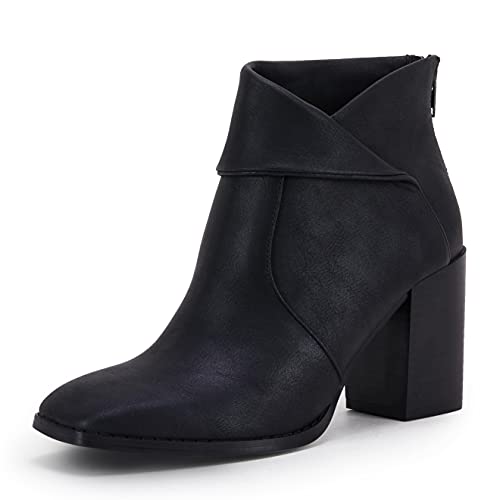 LAICIGO Women's Square Toe Ankle Boots High Chunky Stacked Heel Slip On Criss Cross Zipper Booties