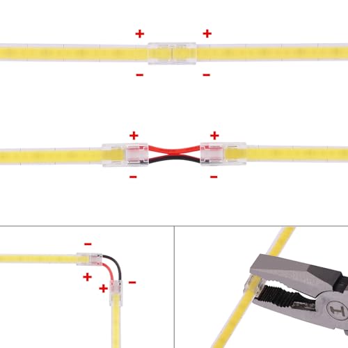 GOMING 5mm Width COB LED Strip Connector Kit 2Pin 22Pcs Strip to Wire Transparent Gapless Connectors 8Pcs Strip to Strip Connectors 11Pcs 15cm Extension Wires for 5mm COB LED Strip - Image 4