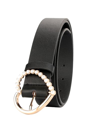 Classic PU Leather Belts for Women, Ladies Artificial Pearl Embed Waist Strap Heart Pin Buckle Belt