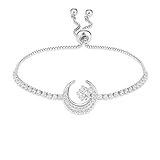 COTTVOTT Sparkling Cubic Zirconia Adjustable Slider Tennis Charm Bracelet For Women (Silver, Moon Star)