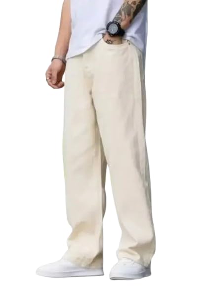 Men's Casual Wide Leg Pants, Cream Cotton, Relaxed Fit, Straight Cut, Comfortable