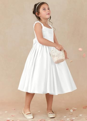 Satin Flower Girl Dress for Wedding Straps Ruffled Formal Pageant Midi Dresses with Bow Knot2