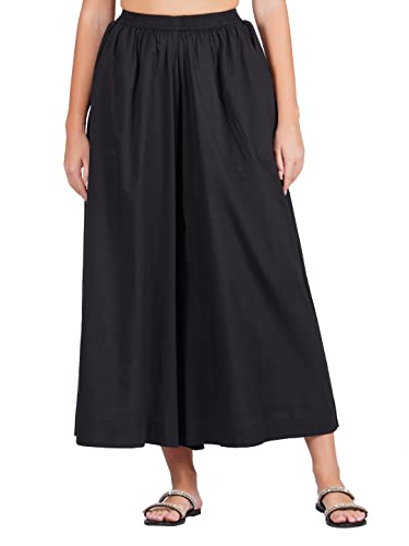 Image of fabcoast Loose Fit Palazzo Pants for Women A-Line Flared Wide Leg Summer Ethnic wear Pure Cotton Cambric with Full Elastic Waistband and 2 Side Pockets