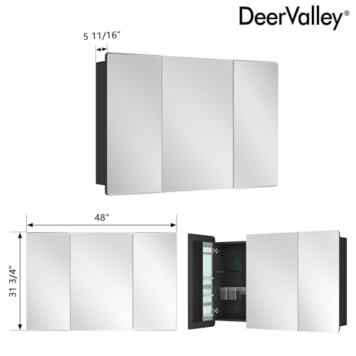 Botiquín de medicina de tres puertas DeerValley de 48'' x 32'' con espejo, estantes de vidrio ajustables, soporte para cepillo de dientes y ganchos internos, montaje en pared para baño miniatura 2
