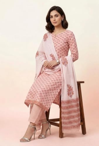 Image of Eddika women unstitched hand block printed cotton suit set with mulmul dupatta ehbpcswmd0120P