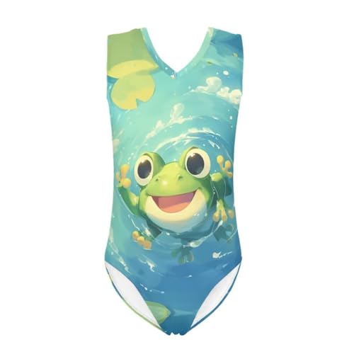 GOSTONG Girls Swimsuit One Piece Bathing Suit with Green Frog Pattern Quick Dry Swimwear Beachwear Bikini Bottom UPF 50+ for Kids