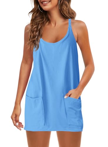 Image of Panadila Womens Summer Sleeveless Mini Dress V Neck Spaghetti Strap Sundress Athletic Short Dress with Pockets