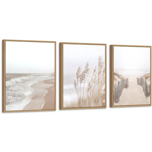 Image of Neutral Beach Pampas Grass Wall Art Boho Coastal Canvas Wall Decor, Ocean Shore Landscape Scene Nature Wilderness Prints Artwork for Living Room Bedroom Framed Ocean Theme, Set of 3, 12x16 Inch