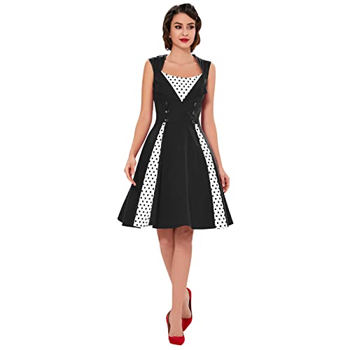 Image of KILLREAL Women's Vintage Polka Dot Print A-Line Pin Up Style Sleeveless Cocktail Party Casual Dress