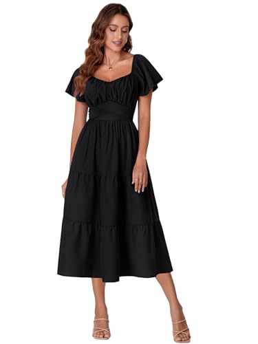 Rooscier Women's Square Neck Wrap Tie Back Ruched Tiered Layered Ruffle Sleeve Long Dress4