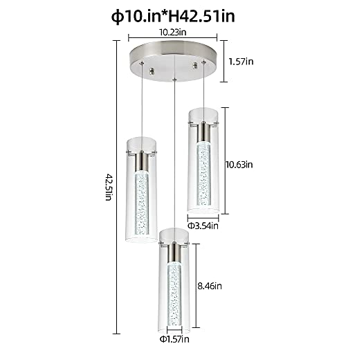 Image of Kitchen Lighting Pendant Fixtures 3-Light LED Pendant Ceiling Fixture Brushed Nickel Bubble Cylinder Pendant Light with Adjustable Length for Kitchen Island Dinning Room Bedroom