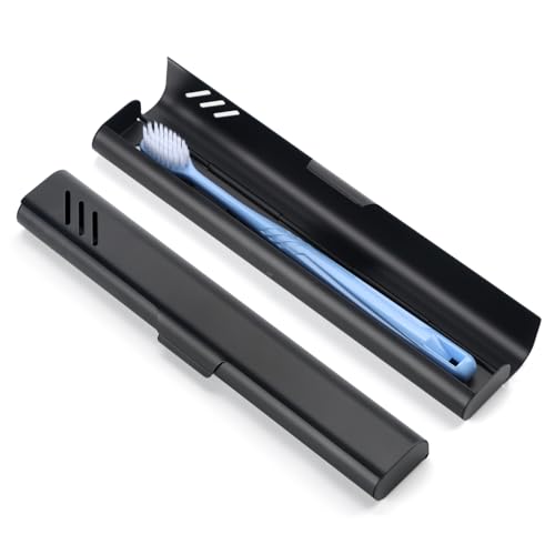 Travel Toothbrush Case Portable Toothbrush Holder Durable Aluminum Toothbrush Storage Box Small Breathable Manual Toothbrush Container for Traveling School Camping Business Trip - Black