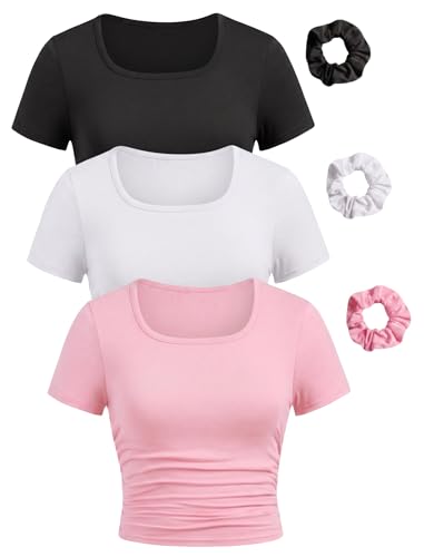 Image of EXARUS 3 Pack Girls Square Neck Top Fitted Tshirt Trendy Cute Crop Tops Tee