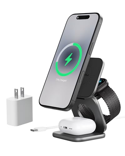 KU XIU X40 Turbo Qi2.2 25W }OlbgCX[d ܂肽 3in1 CX[dXe[V iPhone 17/16/15/14/13/12Ή iWatch & AirPods 5WΉ A~jE݌v 4