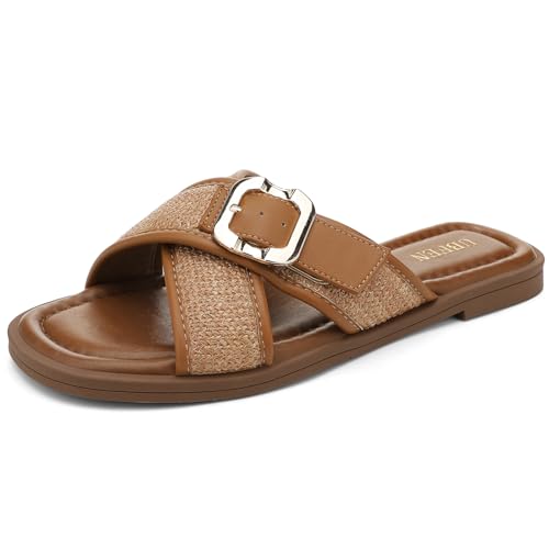 Image of UBFEN Womens Square Toe Flat Sandals Slides Dressy Comfortable for Beach