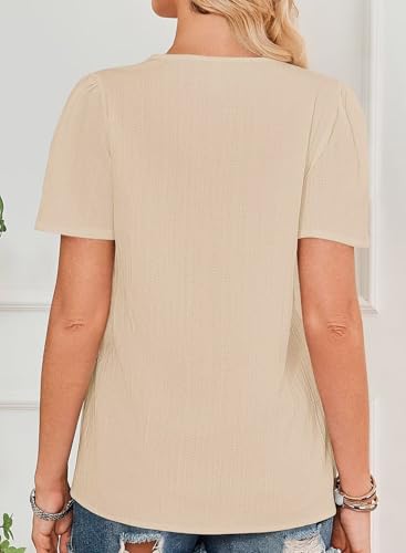 Womens Tops 2025 Boho Blouses Short Sleeve Flowy Square Neck Casual Peasant Summer Floral Lace Hem Textured Shirts3