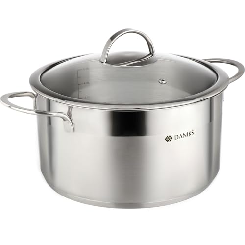 Daniks Bonn Olla de Acero Inoxidable con Tapa de Vidrio 5.8 Litros, Ø 24 cm | Cacerola Inducción | Escala de Medición | Mangos a Prueba de Calor | Plata