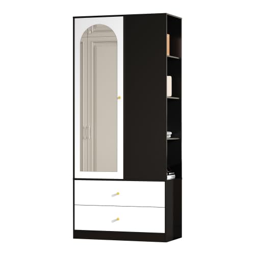 Armario estrecho con espejo y una puerta – Armario moderno con 2 cajones y 4 estantes, 80 x 40 x 180 cm, color blanco y negro, para dormitorio y pasillo