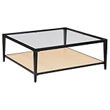 Coaster Home Furnishings - Amherst - Square Coffee Table with Glass Top, Black Metal Frame with Rattan Lower Shelf - Living Room - 40-Inch - Black - 710658