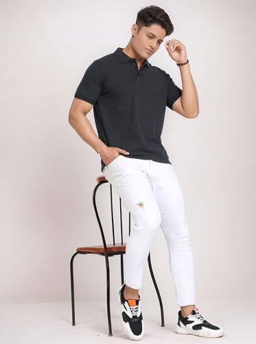 Image of Men's 100% Cotton Polo T-Shirt - Solid Plain Short Sleeve Tee with Classic Collar for Everyday Casual & Smart Wear