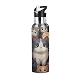 Mexpekil Süße Cartoon-Katzen-isolierte Wasserflasche mit Strohhalm-Deckel, Edelstahl-Thermosflasche, Vakuumflasche, auslaufsicher, Reise-Sport-Trinkflaschen zum Laufen, Radfahren, Wandern, 600 ml