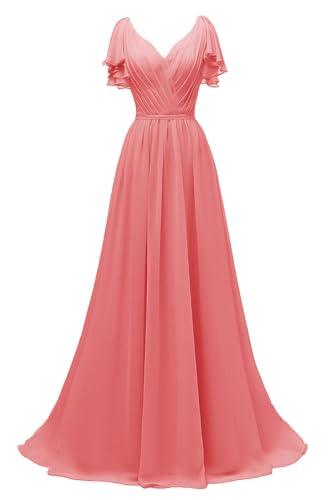 Image of Yexinbridal Ruffle Sleeves Bridesmaid Dresses V-Neck Chiffon Long Formal Wedding Evening Party Gowns for Women