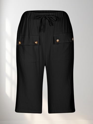 Women's Loose Drawstring Cropped Pants Solid Front Pockets with Buttons and Drawstring Straight Leg Trousers3