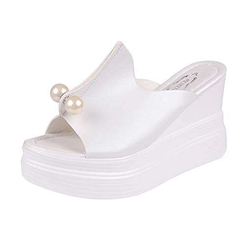 Genérico Sandalias con Hebillas Mujer Chanclas de Playa Hierba Impermeable Wedge Slippers Zapatos Pearl Ladies Espeso de Fondo Solid Femeninas Barefoot para (White, 37)
