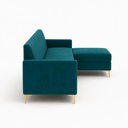 Image of SOCOZI Morello 4 Seater L Shape Sofa Set with Movable Ottoman | Flexible Left or Right Layout | Soft Velvet Suede Fabric | Modern Design | Plush Comfort Cushions for Living Room (Green Teal)