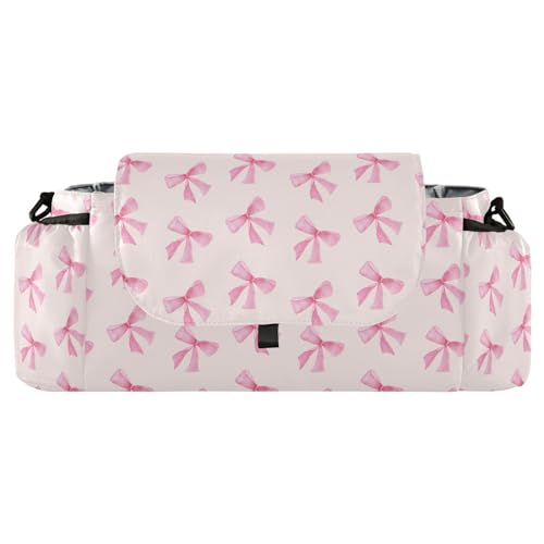Burbuja Pink Bow Stroller Organizer with Insulated Cup Holders, Non-Slip Stroller Caddy Universal Fits Most Strollers, Nursery Accessories