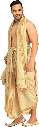 Dhoti and Angavastram Set with Golden Woven Paisley on Border2