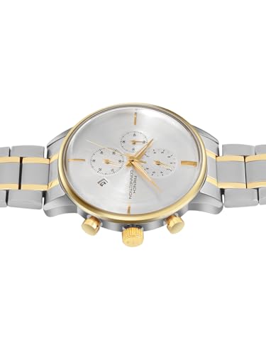 Image of French Connection Silver Embossed Round Dial | Gold Stainless Steel Mesh Strap Chronograph Watch for Mens FCO5TM
