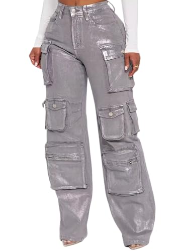 Geulis Womens Metallic Cargo Jeans Sparkly Glitter High