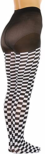 Image of ToBeInStyle Women's Harlequin Checkered Diamond Optical Illusion Opaque Tights Pantyhose - Black & White
