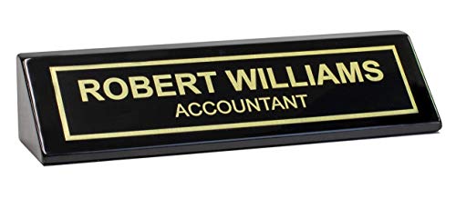 Signs ByLITA Black Piano Finish Custom Personalized Desk Name Plate, 2' x 8', Black/Gold Plate