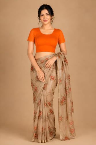 Image of Abhi Cotton Readymade Saree Blouse for Women- Half Net Sleeves, Round Neck, Regular-fit, Stretchable, Pull-on Style Blouse