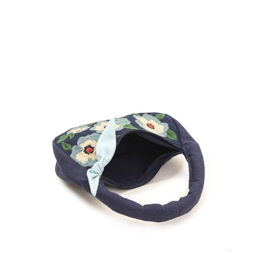 Image of Boho Girl Indigo Blossom Tote Bag - Navy Blue Floral Handbag for Women with Embroidered Flowers, Padded Handle & Ribbon Detail - Chic Shoulder Bag for Travel, Brunch