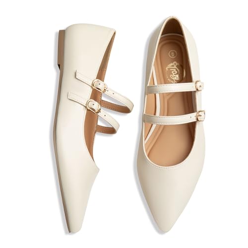 Image of Trary Flats for Women Mary Jane Shoes Women Closed Pointed Toe Ballet Flats Comfortable Slip on Dressy Adjustable Strap Cute Walking Office PU Leather Mary Janes Flat Shoes
