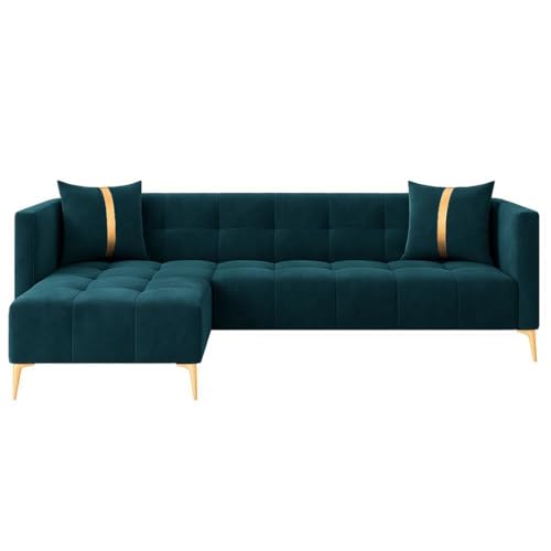 Image of Furny Styling 4 Seater Fabric LHS L Shape Sofa Set (Greenish Teal) | Soft Velvet Fabric | Modern Design | Comfortable Seating | Living Room Furniture