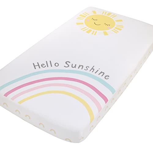 Image of NoJo Happy Days Pink, Yellow, Blue and White, Rainbows and Hello Sunshine 100% Cotton Photo Op Nursery Fitted Crib Sheet