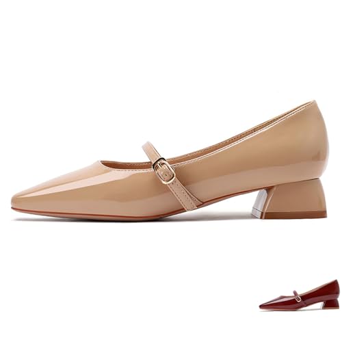 Zeberfi Women's Patent Leather Low Chunky Heel Mary Jane Pump Shoes Closed Square Toe Shallow Mouth Dress Shoes with Adjustable Strap Buckle Business Wedding