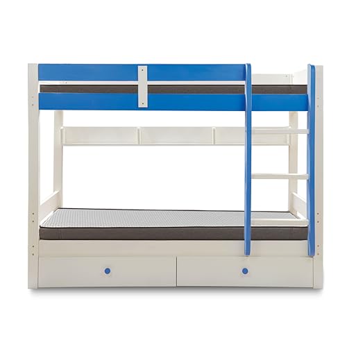 Image of KIDOMATE Mandarin Solid Wood Bunk Bed for Kids with Underbed Storage & Toy Rack | Space-Saving Twin Bed with Guard Rails, Ladder, Safety Design for Boys & Girls Bedroom (Blue, Single Over Single)