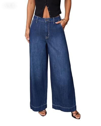 Jeans de Tiro Alto y Pierna Ancha para Mujer: Pantalones Vaqueros Largos Vintage Elegantes y Holgados.