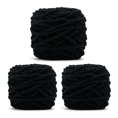 Image of INNDUN Blanket Yarn 3 Pack of 100g /3.5oz - Black Chenille Yarn 6 Super Bulky - Knitting, Crocheting & Crafts Chunky Yarn