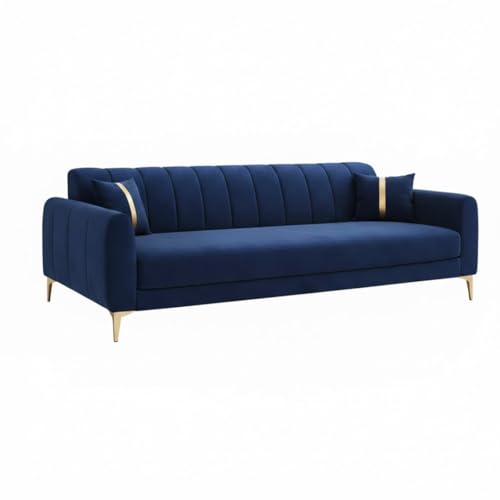 Image of Hermione Luxe Velvet-Suede Fabric 3 Seater + 2 Seater Sofa Set | Golden Legs | Comfortable & Spacious Seating | Modern Sofa Set for Living Room - Dark Blue