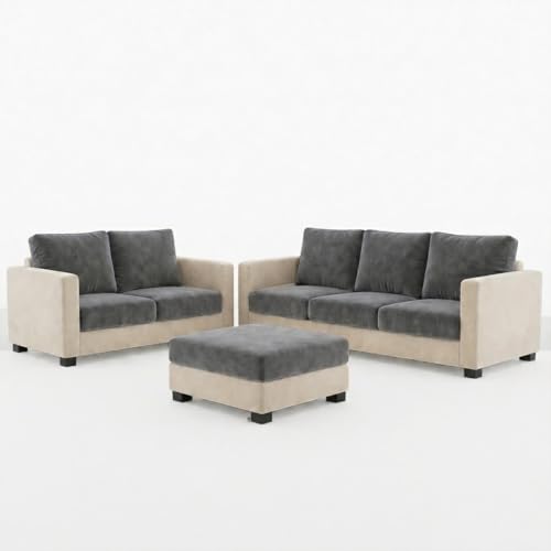 Image of FURNY Haster 3 Seater + 2 Seater Fabric Sofa Set with 1 Ottoman (Dark Grey-Cream) with Velvet Finish | Durable Comfort | Ideal for Living Room