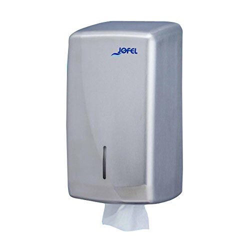 Jofel - Dispensador de Papel Higienico, 400 Toallitas en Formato Zig-Zag, Máxima Higiene Sólo se Toca la Toallia a Usar, Ahorro de Papel, Carcasa de Acero Resistente, Futura AD75000 Inox. Satinado