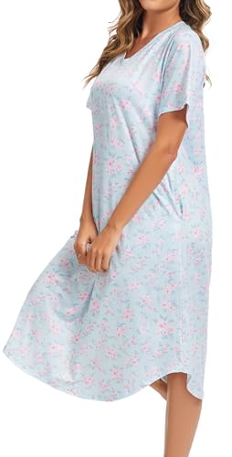 Image of Kabento Nightgowns for Women Cotton Short Sleeve Long Night Gowns with Pockets