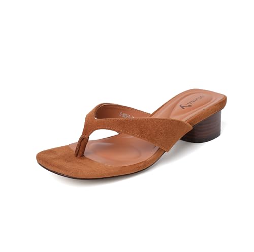Image of vivianly Women's Suede Low Chunky Block Heel Flip Flops Square Toe Thong Heeled Sandals Casual Slip On Mules for Work Beach Casual Outings